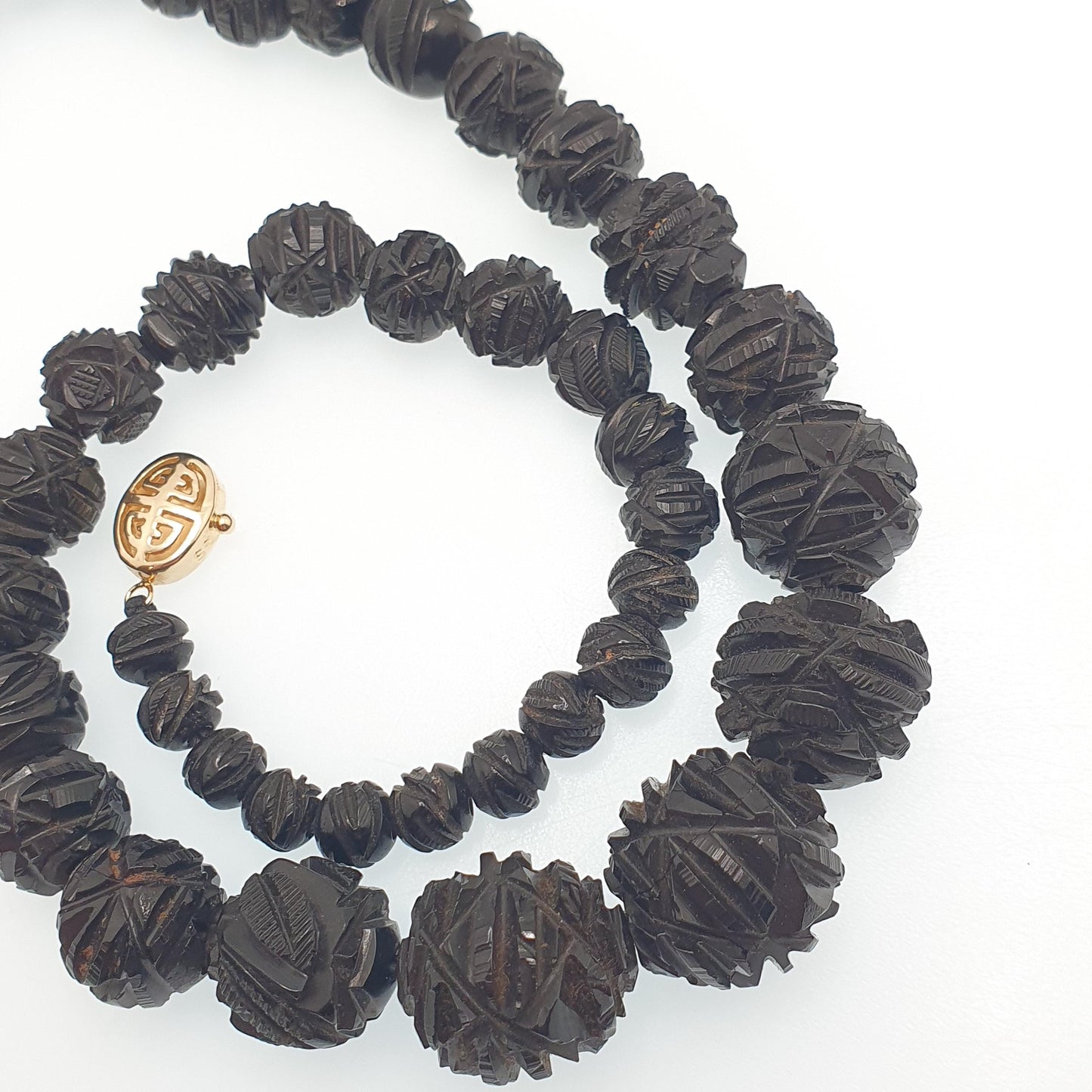 Antique Victorian Whitby Jet Bead Necklace Hand Carved Beads Round Graduating Genuine Mourning 49cm 19.2" 1800s Vintage Jewelry Jewellery