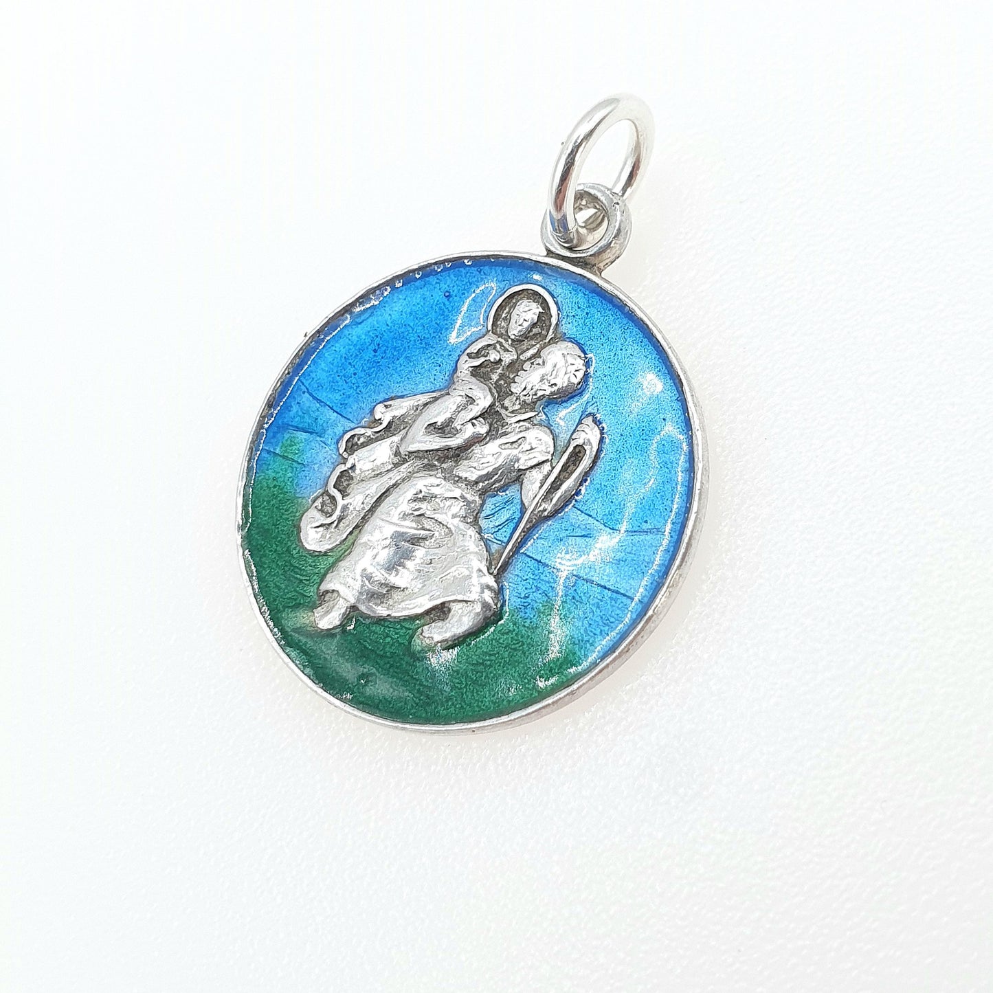 Vintage Sterling Silver Enamel St Christopher Pendant Blue and Green Travel Travelling Patron Womens Mens Jewellery Jewelry