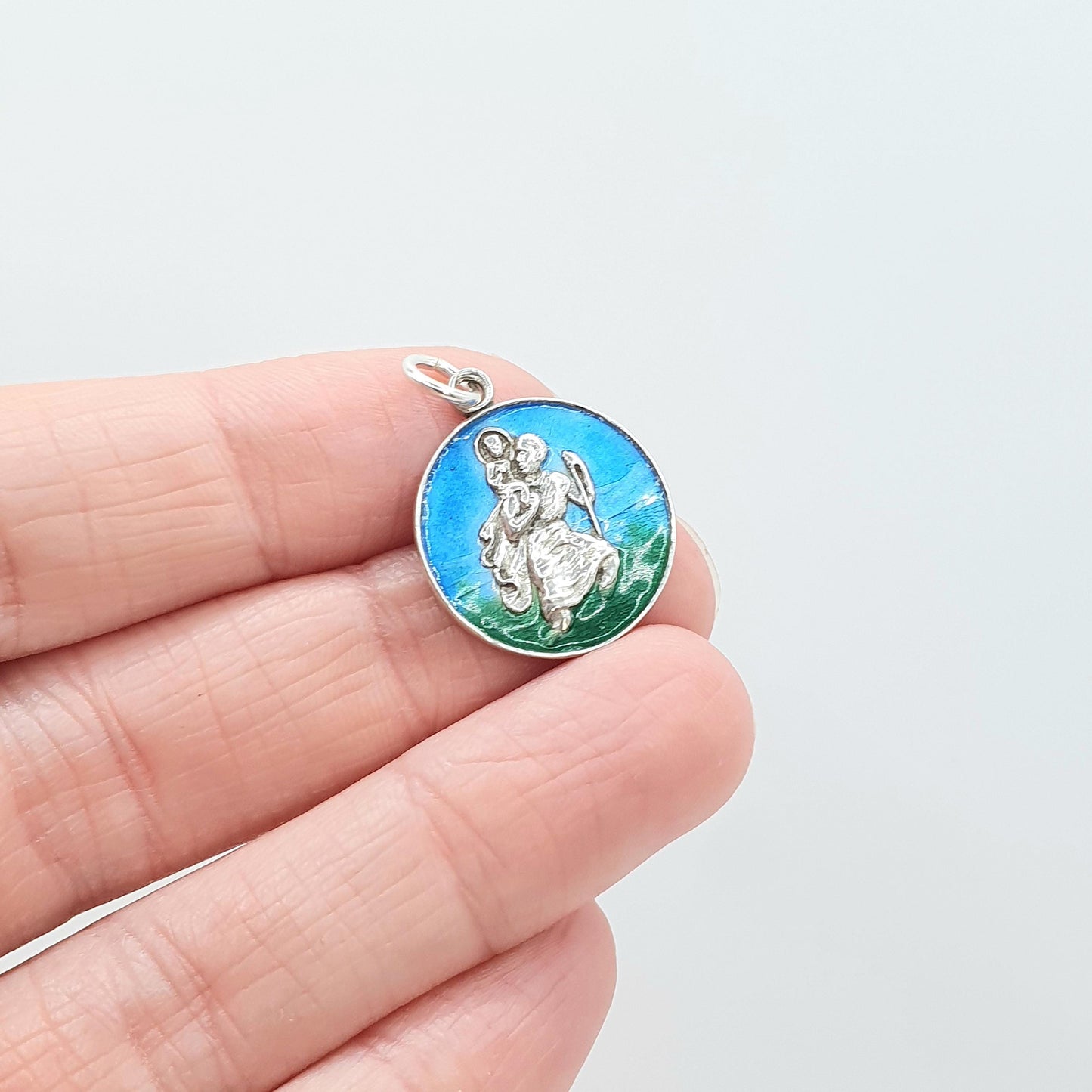 Vintage Sterling Silver Enamel St Christopher Pendant Blue and Green Travel Travelling Patron Womens Mens Jewellery Jewelry