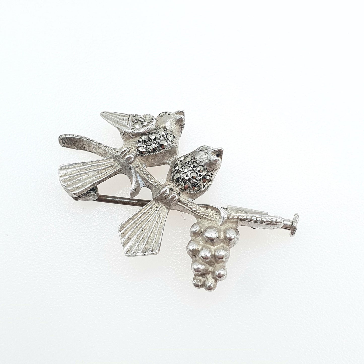 Antique Art Deco Solid Silver Bird Brooch Pair of Songbirds Grape Grapevine Marcasite Birds Womens Jewelry Jewellery