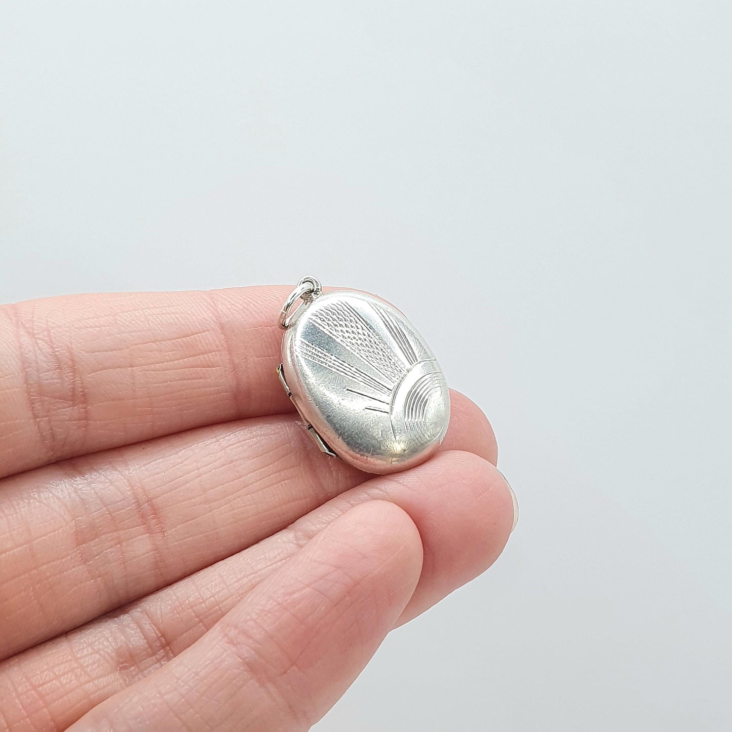 Antique Solid Silver Oval Locket Art Deco Sunburst Sun Back and Front Hand Engraved Pendant Necklace Womens Unisex Jewelry Jewellery