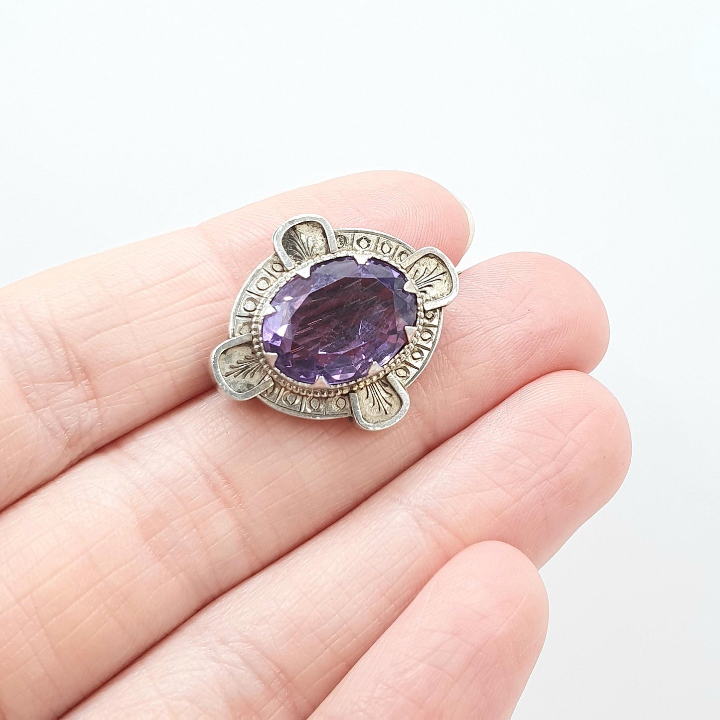 Antique Victorian Solid Silver Natural Amethyst Brooch Oval Cut Etruscan Revivial Vintage Womens Mens Jewelry Jewellery