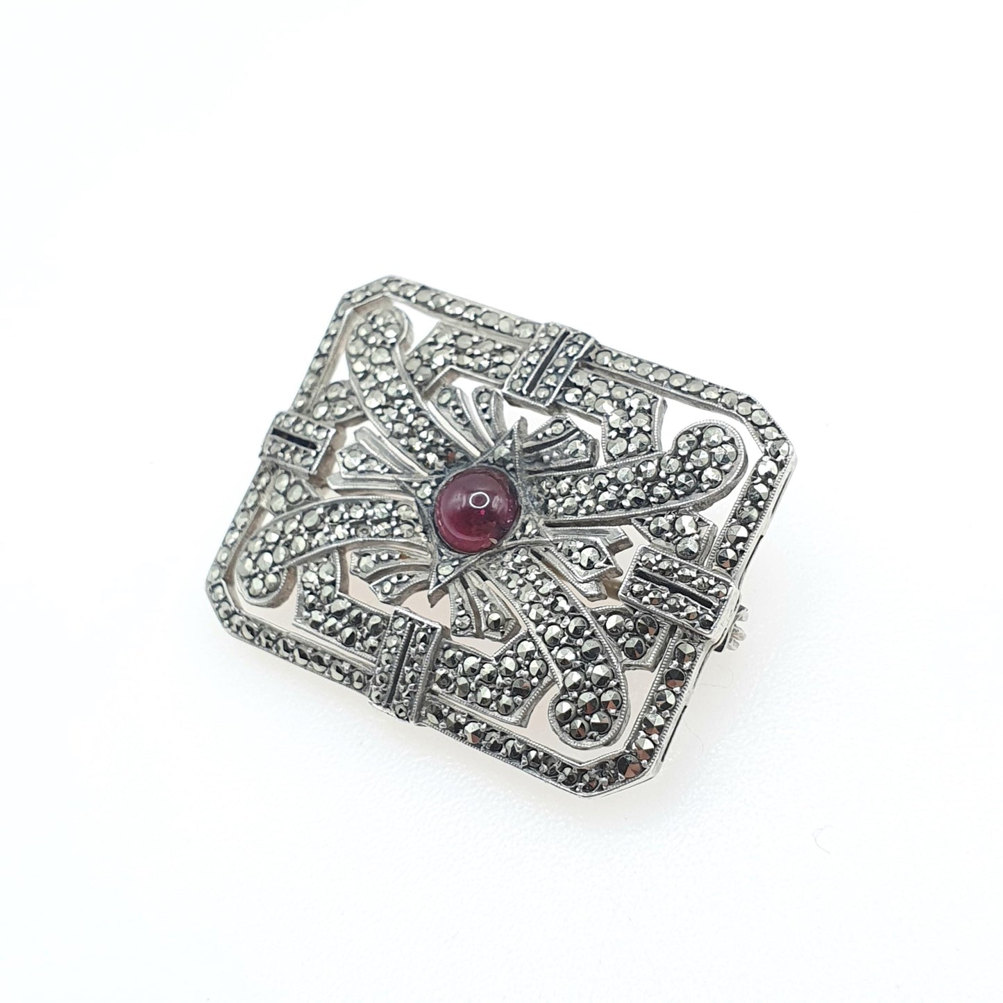 Antique Art Deco Solid Silver Garnet Marcasite Brooch 1920s Large Rectangular Geometric Red Gemstone Womens Jewelry Jewellery