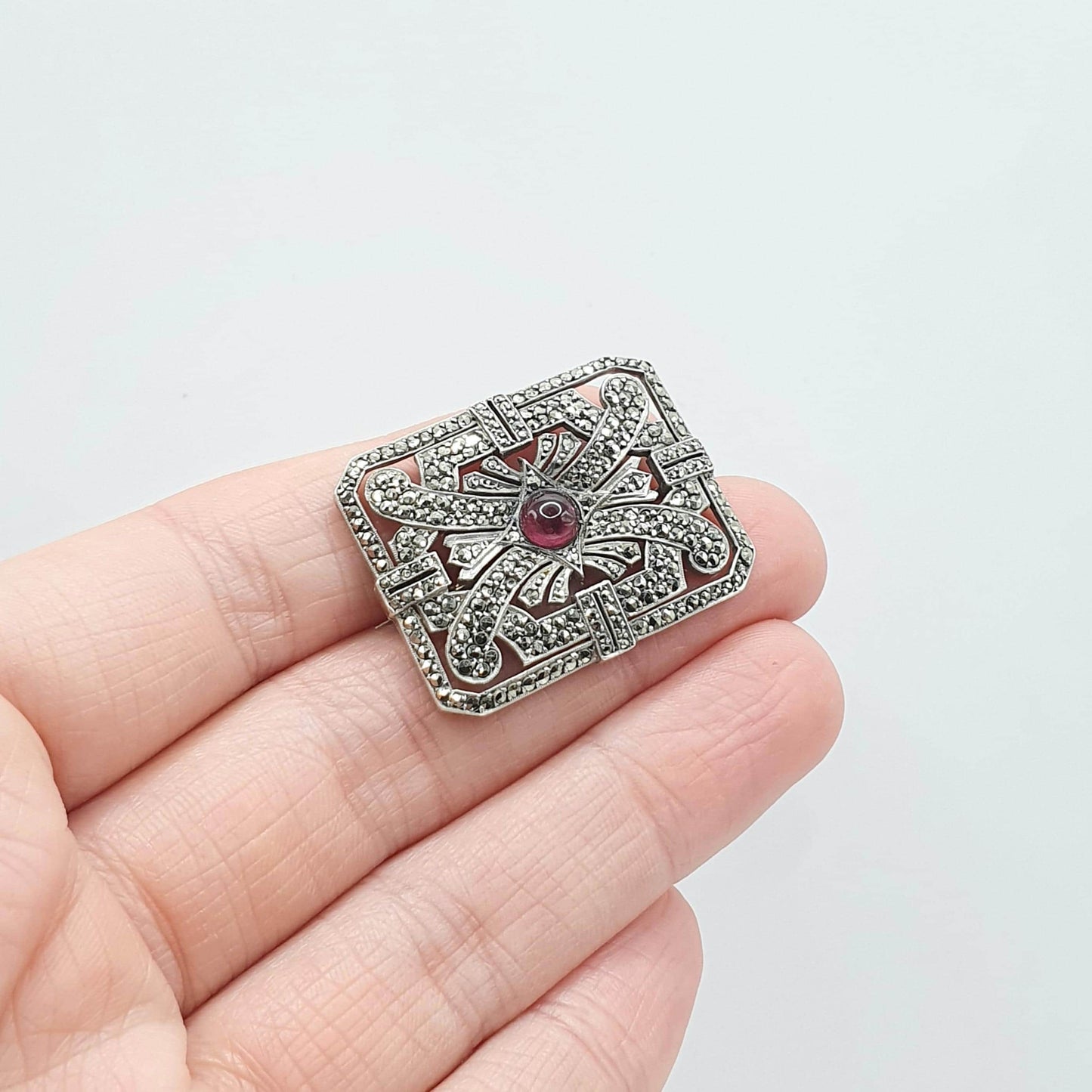 Antique Art Deco Solid Silver Garnet Marcasite Brooch 1920s Large Rectangular Geometric Red Gemstone Womens Jewelry Jewellery
