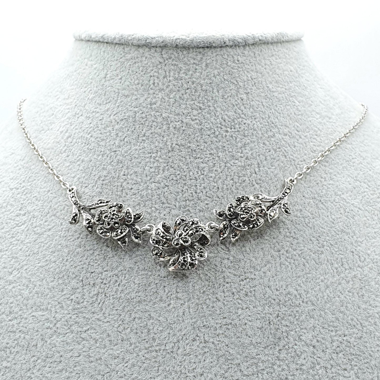 Antique Solid Silver Marcasite Flower Necklace Chain Link Art Deco 1920s Womens Ladies Jewelry Jewellery Unisex 40cm 11.21g