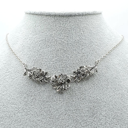 Antique Solid Silver Marcasite Flower Necklace Chain Link Art Deco 1920s Womens Ladies Jewelry Jewellery Unisex 40cm 11.21g