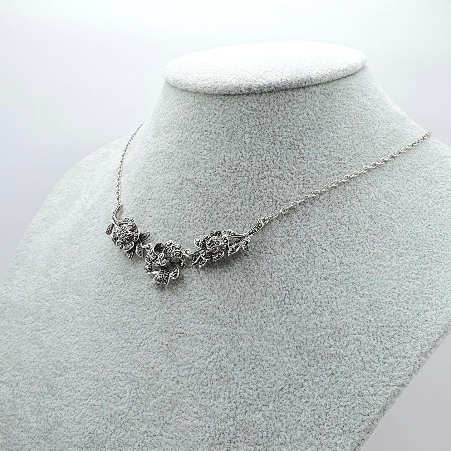 Antique Solid Silver Marcasite Flower Necklace Chain Link Art Deco 1920s Womens Ladies Jewelry Jewellery Unisex 40cm 11.21g
