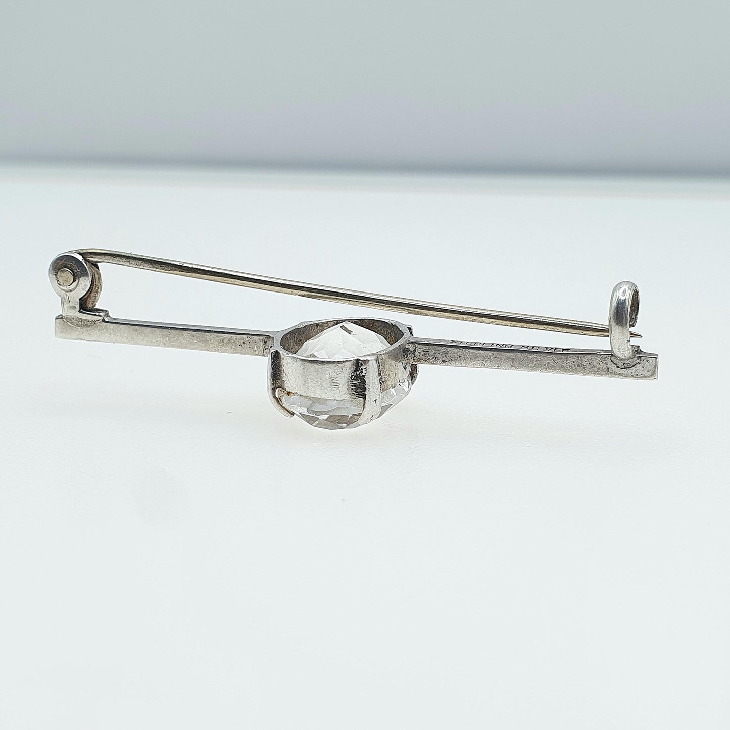 Antique Solid Silver Rock Crystal Brooch Bar Pin White Quartz Genuine White Gemstone Oval Cut Womens Jewelry Jewellery Vintage