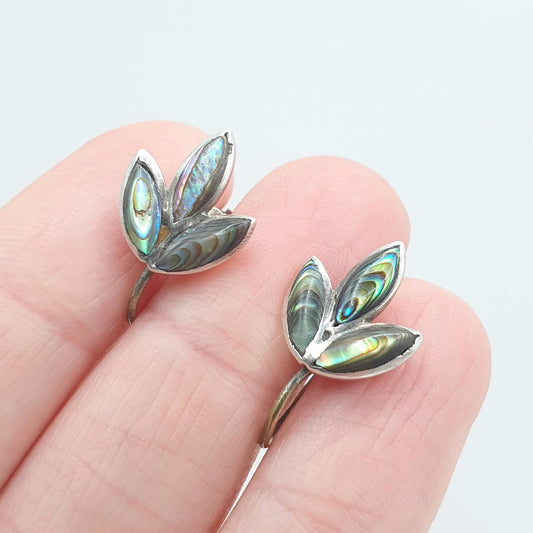 Old Vintage Abalone Shell Sterling Silver Earrings Rainbow Shell New Zealand Leaf Shape Jewellery Womens Jewelry Ladies