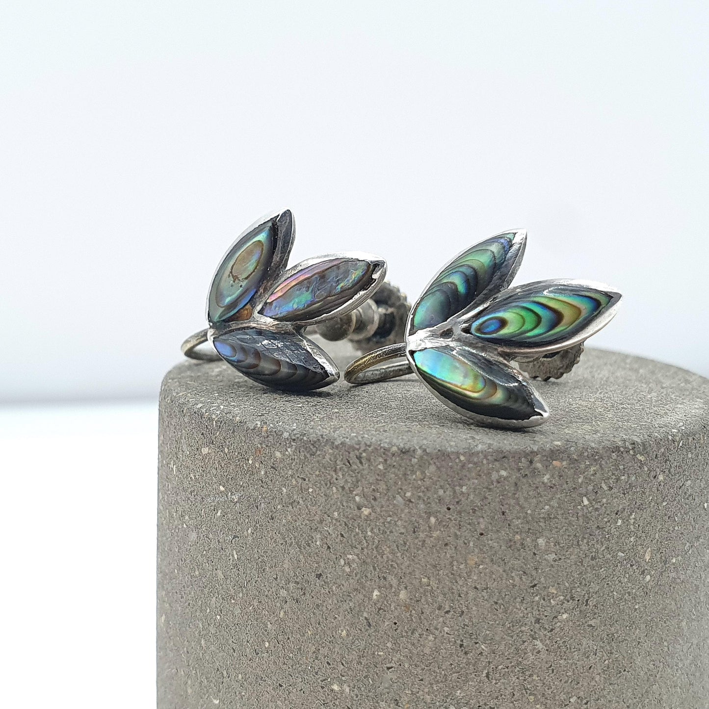 Old Vintage Abalone Shell Sterling Silver Earrings Rainbow Shell New Zealand Leaf Shape Jewellery Womens Jewelry Ladies