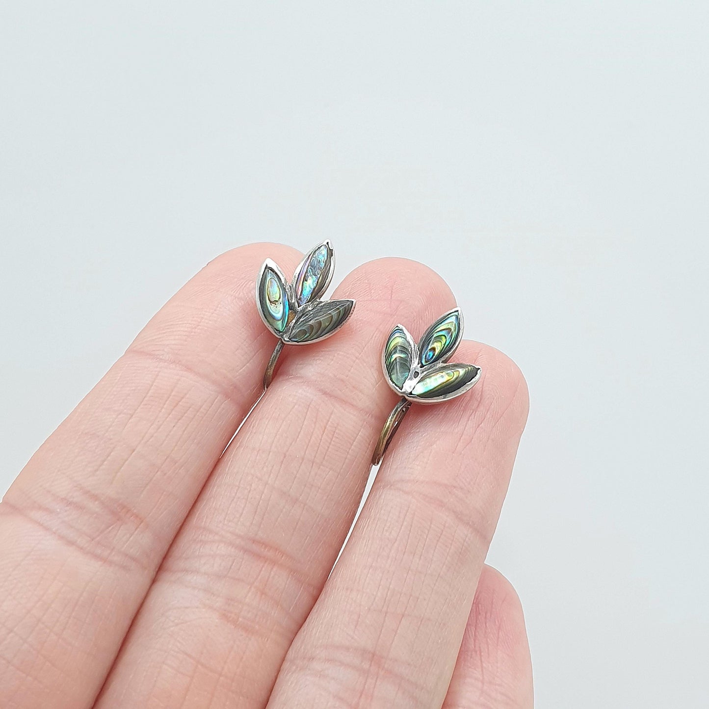 Old Vintage Abalone Shell Sterling Silver Earrings Rainbow Shell New Zealand Leaf Shape Jewellery Womens Jewelry Ladies