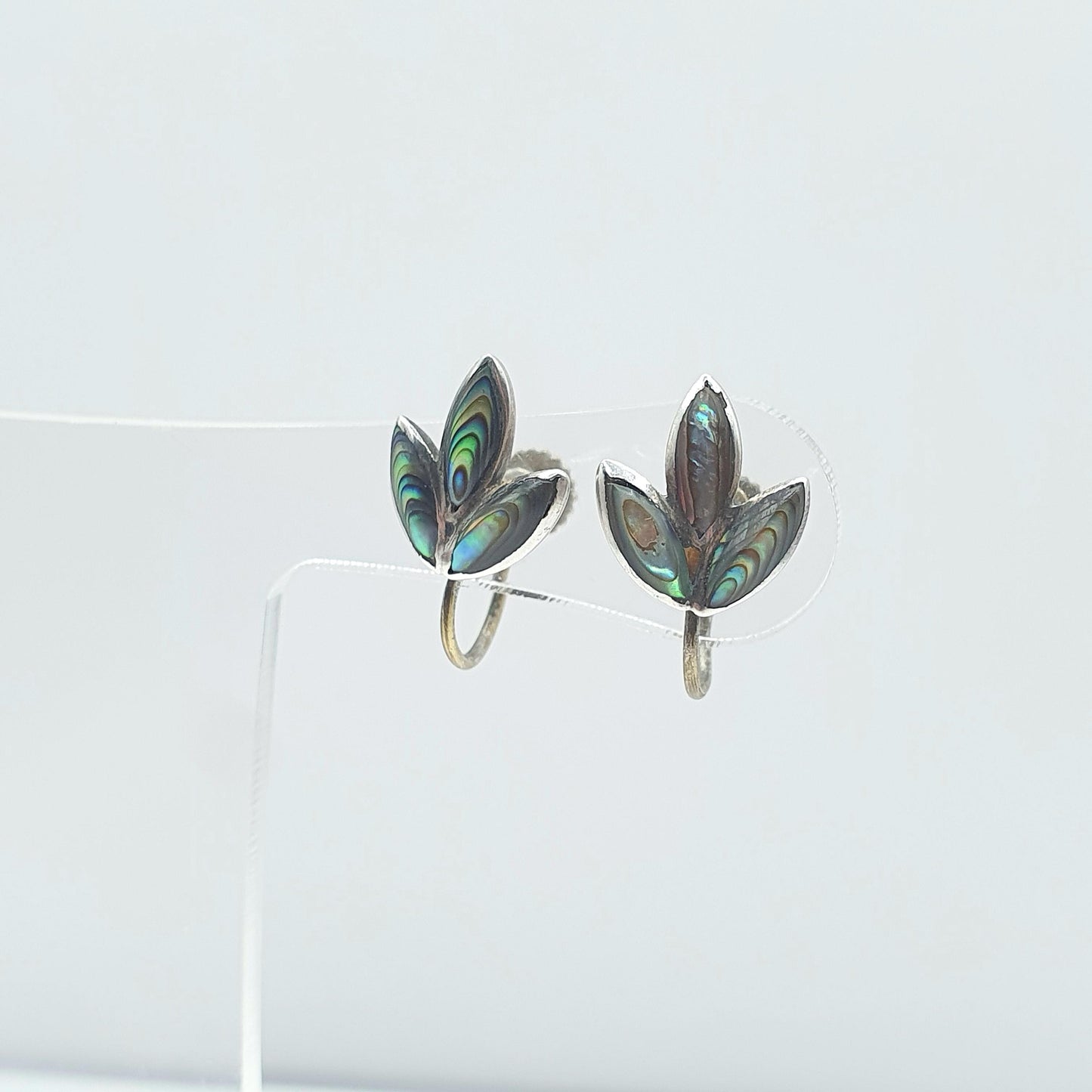 Old Vintage Abalone Shell Sterling Silver Earrings Rainbow Shell New Zealand Leaf Shape Jewellery Womens Jewelry Ladies