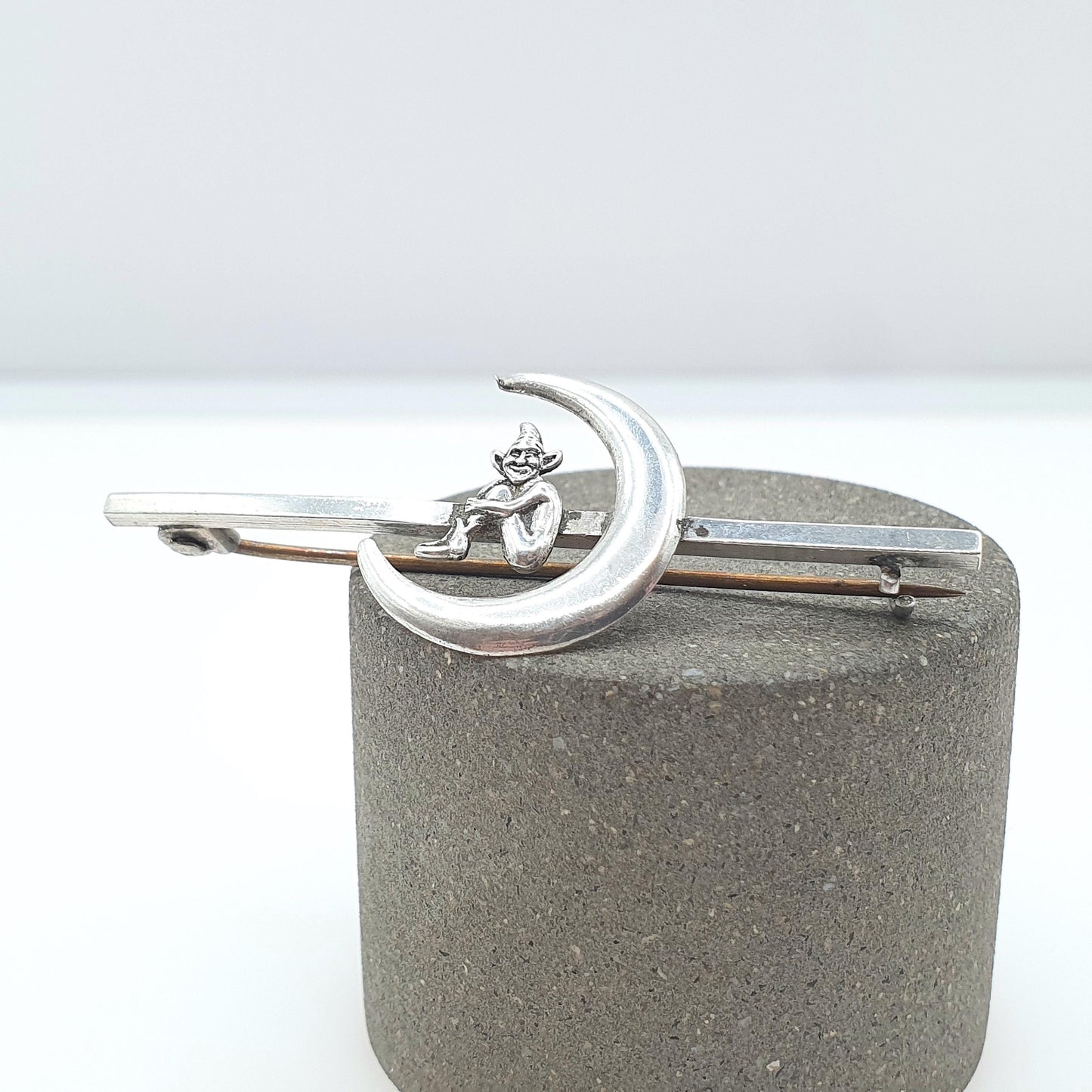 Antique Sterling Silver Cornish Imp in Crescent Moon Brooch Mythical Celestial Unique Fantasy Womens Men’s Jewellery Jewelry