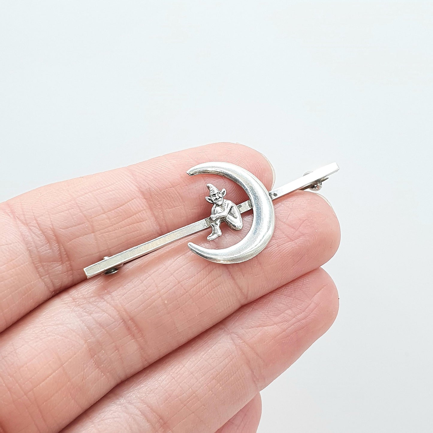 Antique Sterling Silver Cornish Imp in Crescent Moon Brooch Mythical Celestial Unique Fantasy Womens Men’s Jewellery Jewelry
