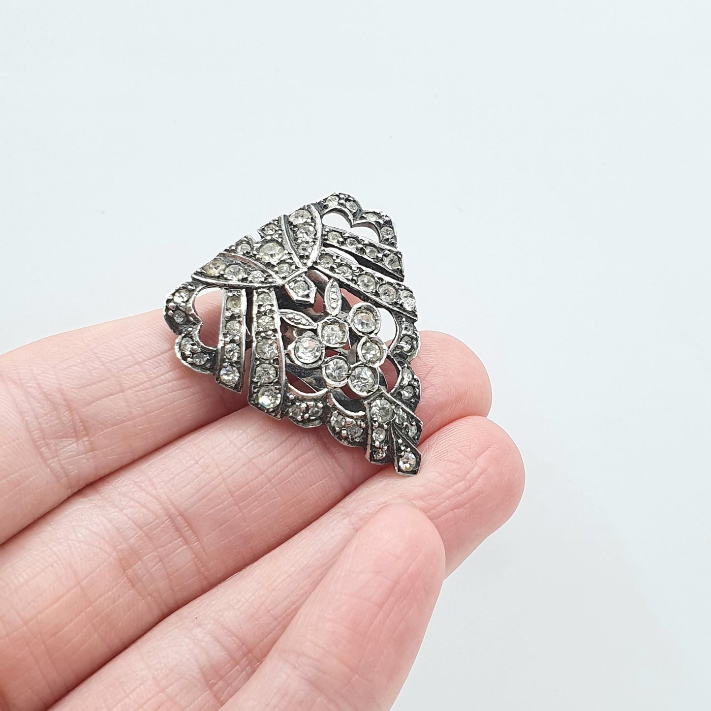 Antique Art Deco Solid Silver Diamond Paste Dress Clip Geometric Single Triangle Shape Womens Vintage Gift Jewelry Jewellery