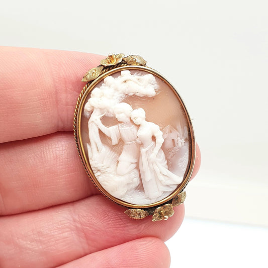 Antique 14k Gold Couple Under Tree Cameo Brooch Victorian Lovers Solid 14kt Outer Border Hand Carved Shell Vintage Jewelry