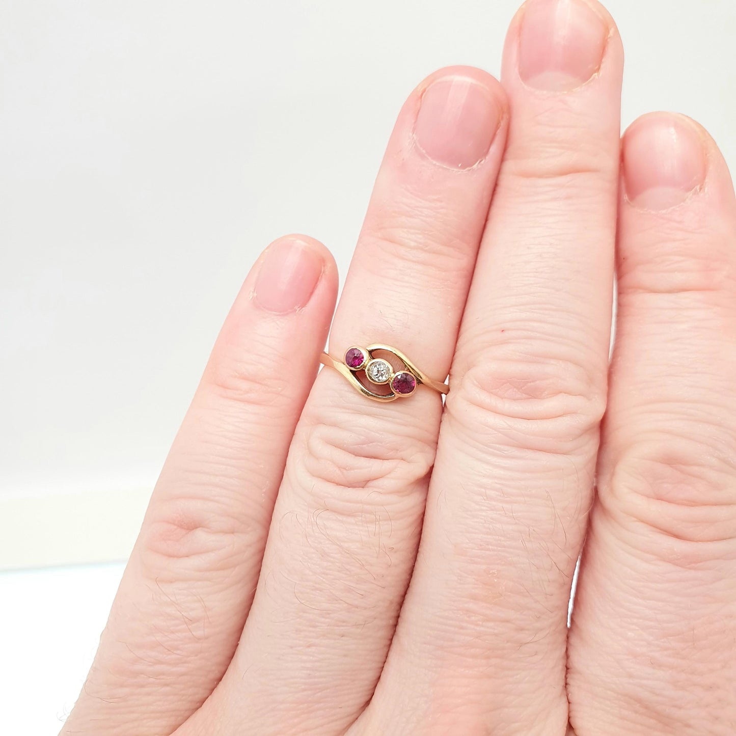 Antique 18ct 18k Gold Ruby & Diamond Ring Crossover 18k Solid 750  Trilogy Old Cut Victorian Sparkly Gemstone Womens Vintage Jewelry