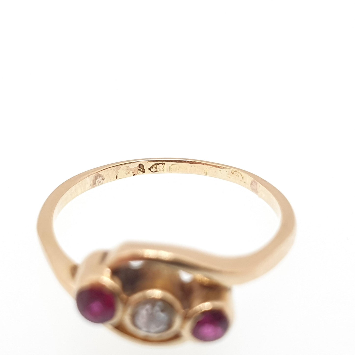 Antique 18ct 18k Gold Ruby & Diamond Ring Crossover 18k Solid 750  Trilogy Old Cut Victorian Sparkly Gemstone Womens Vintage Jewelry