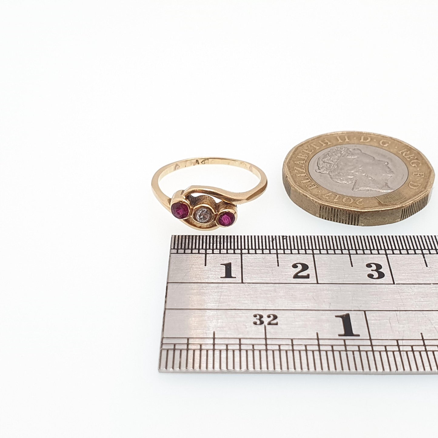 Antique 18ct 18k Gold Ruby & Diamond Ring Crossover 18k Solid 750  Trilogy Old Cut Victorian Sparkly Gemstone Womens Vintage Jewelry