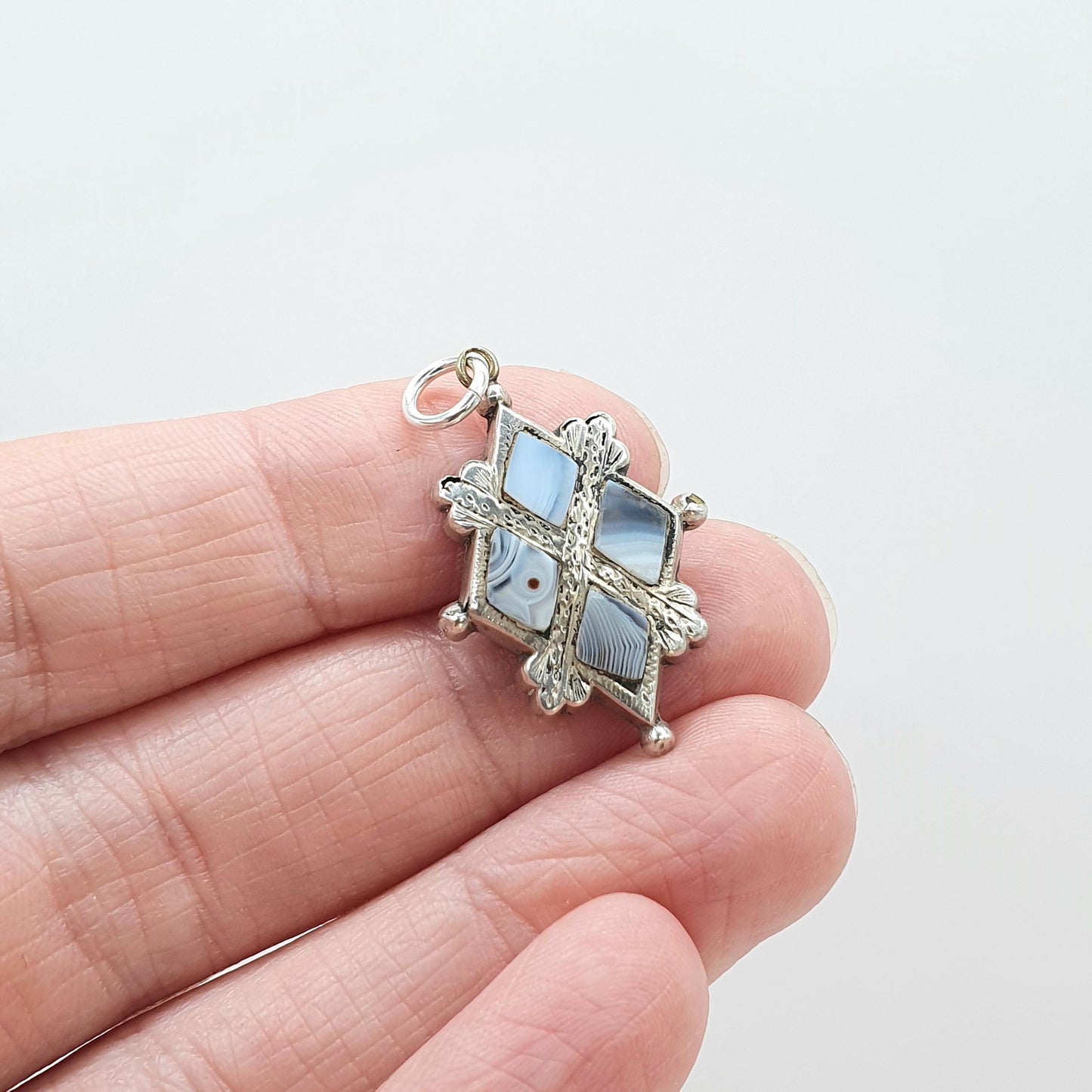 Antique Victorian Solid Silver Montrose Lace Agate Pendant Scottish St Andrews Cross Vintage Jewelry Jewellery Womens Mens