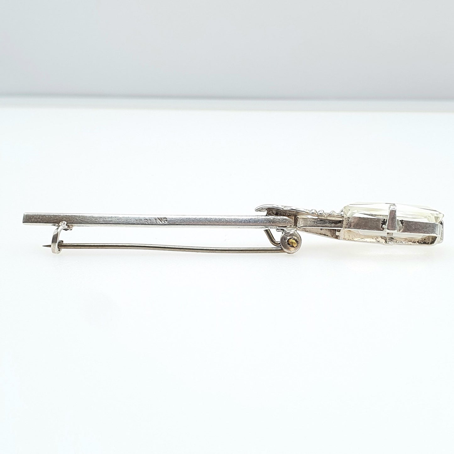 Antique Sterling Silver Rock Crystal Quartz Brooch Art Deco Clear Gemstone Rectangular Cut Womens Ladies Jewelry Jewellery Vintage