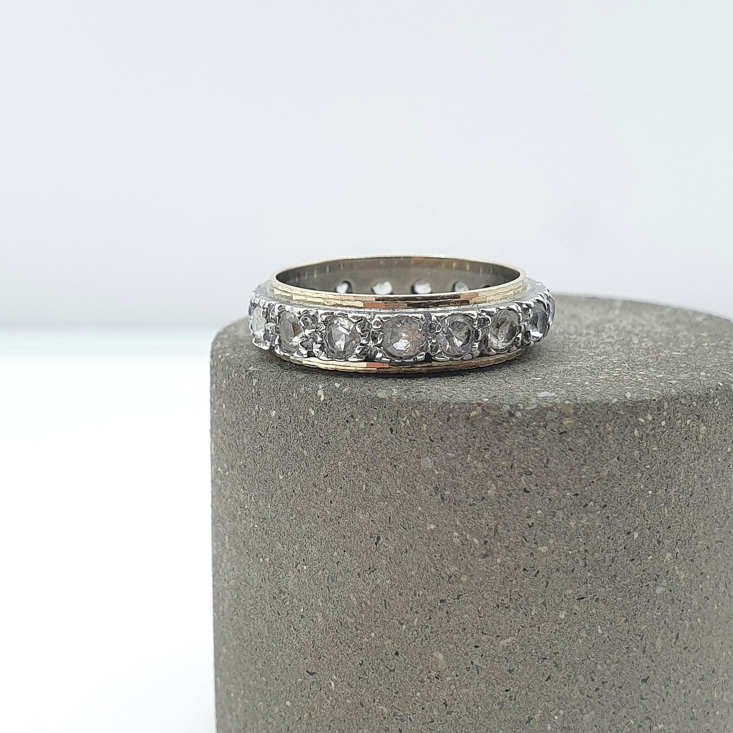 Old Vintage 9ct Gold & Solid Silver White Spinel Eternity Ring Infinity Round Cut White Gemstone Womens Jewelry Jewellery