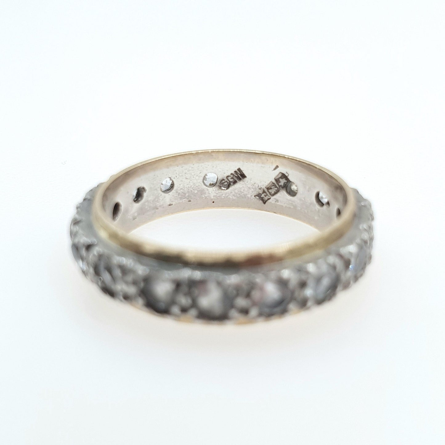 Old Vintage 9ct Gold & Solid Silver White Spinel Eternity Ring Infinity Round Cut White Gemstone Womens Jewelry Jewellery