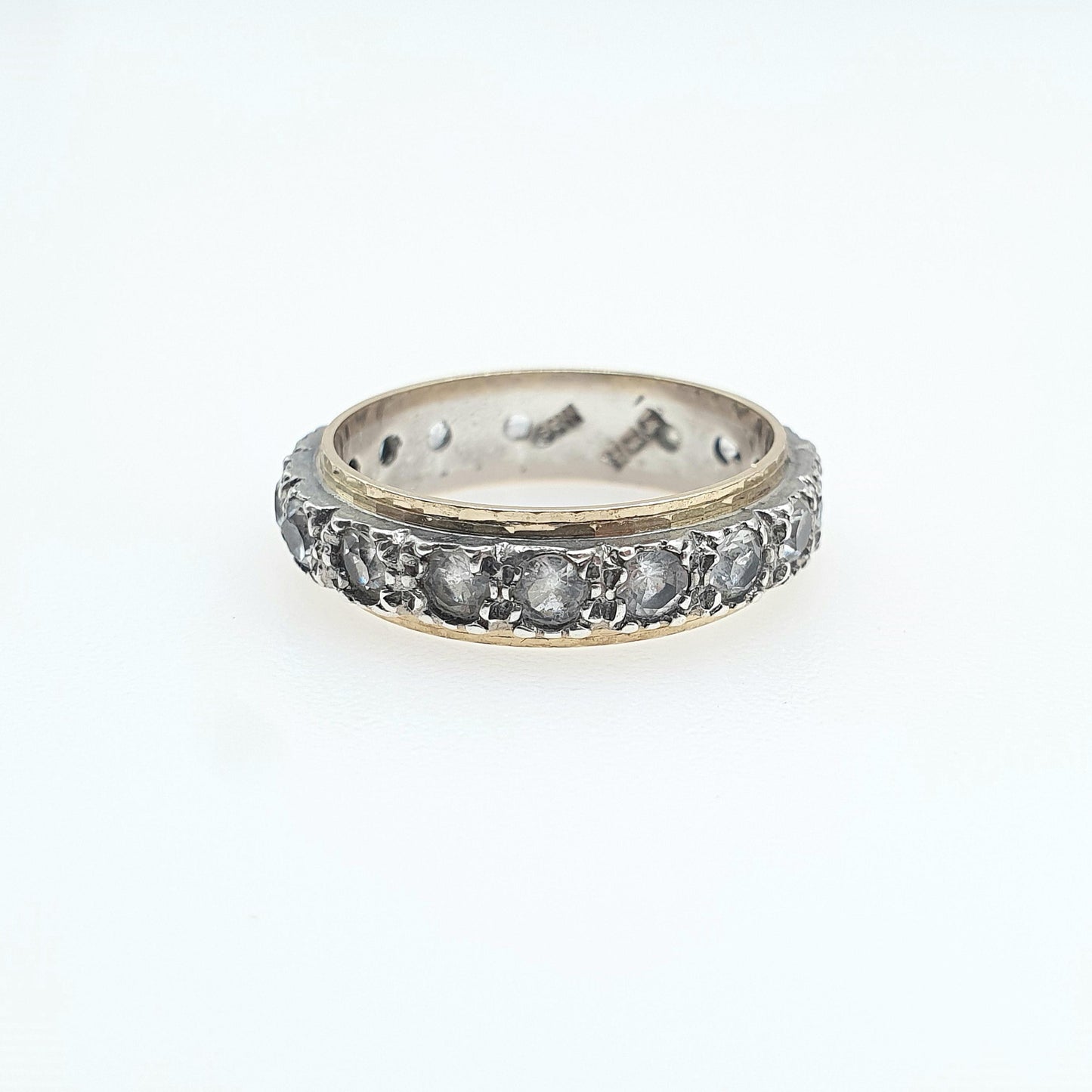 Old Vintage 9ct Gold & Solid Silver White Spinel Eternity Ring Infinity Round Cut White Gemstone Womens Jewelry Jewellery