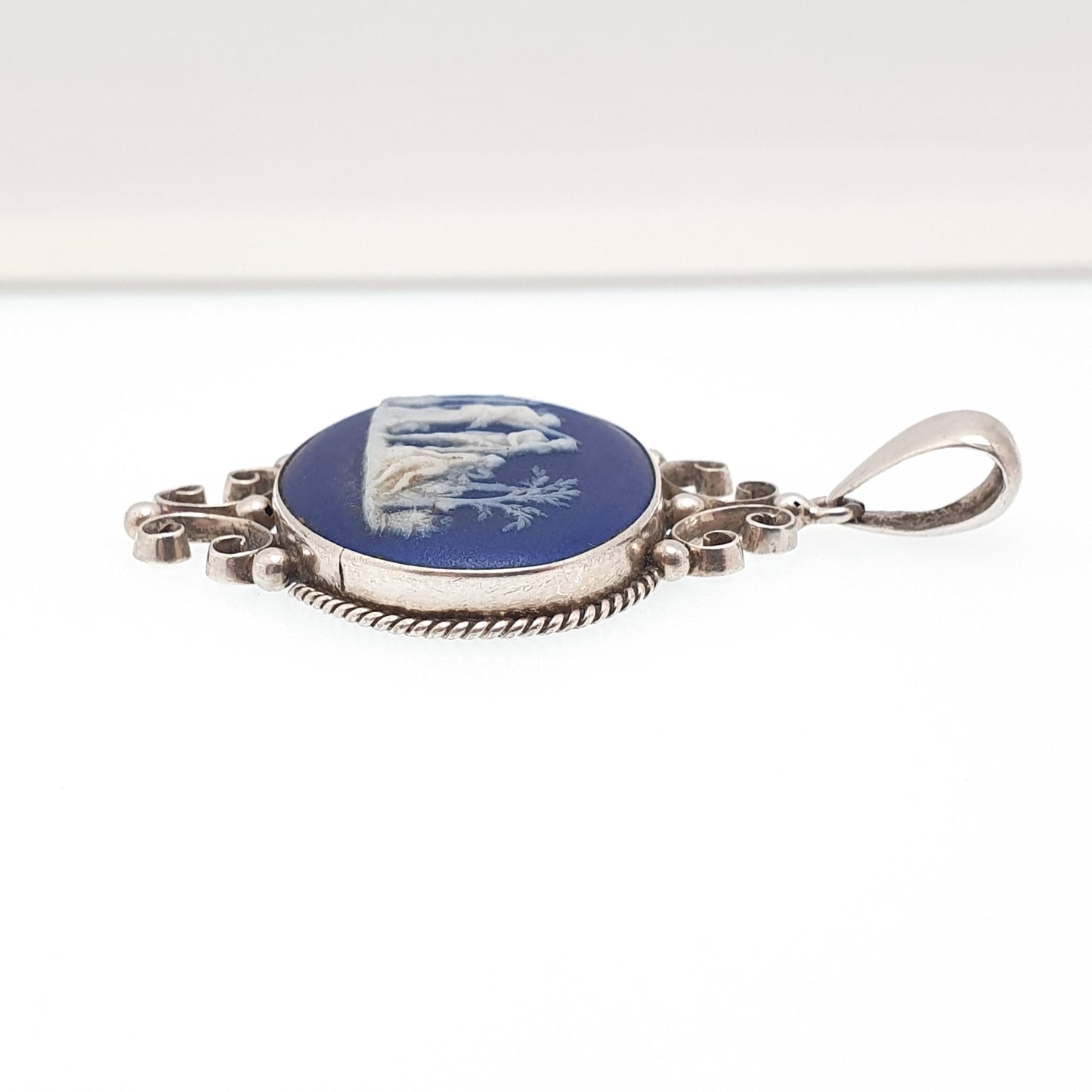 Antique Victorian Solid Silver Wedgwood Pendant Necklace 1900 Stamp Jasperware Royal Blue Genuine Jewelry Jewellery Vintage