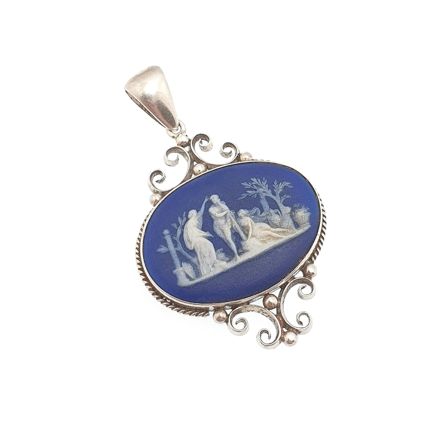 Antique Victorian Solid Silver Wedgwood Pendant Necklace 1900 Stamp Jasperware Royal Blue Genuine Jewelry Jewellery Vintage