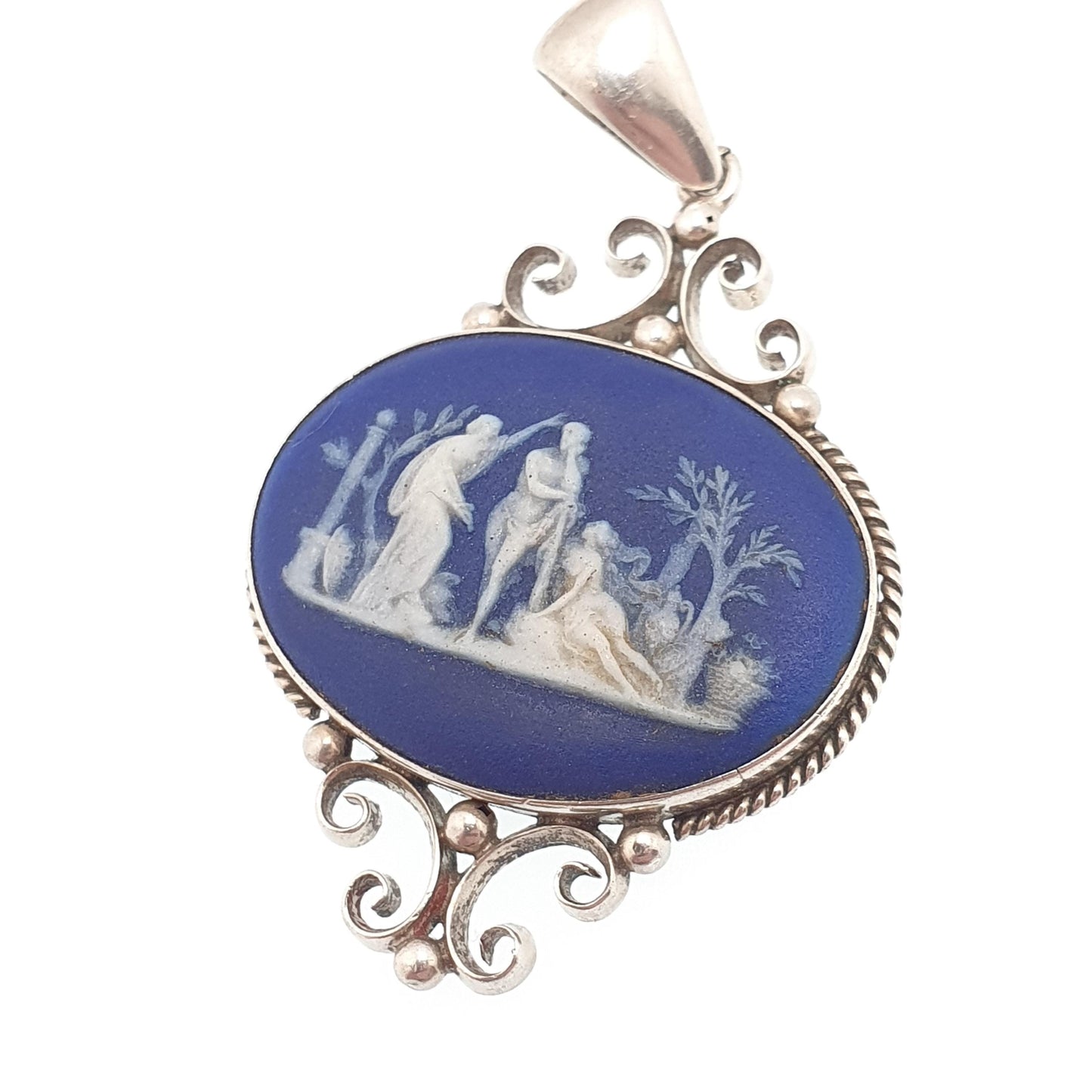 Antique Victorian Solid Silver Wedgwood Pendant Necklace 1900 Stamp Jasperware Royal Blue Genuine Jewelry Jewellery Vintage