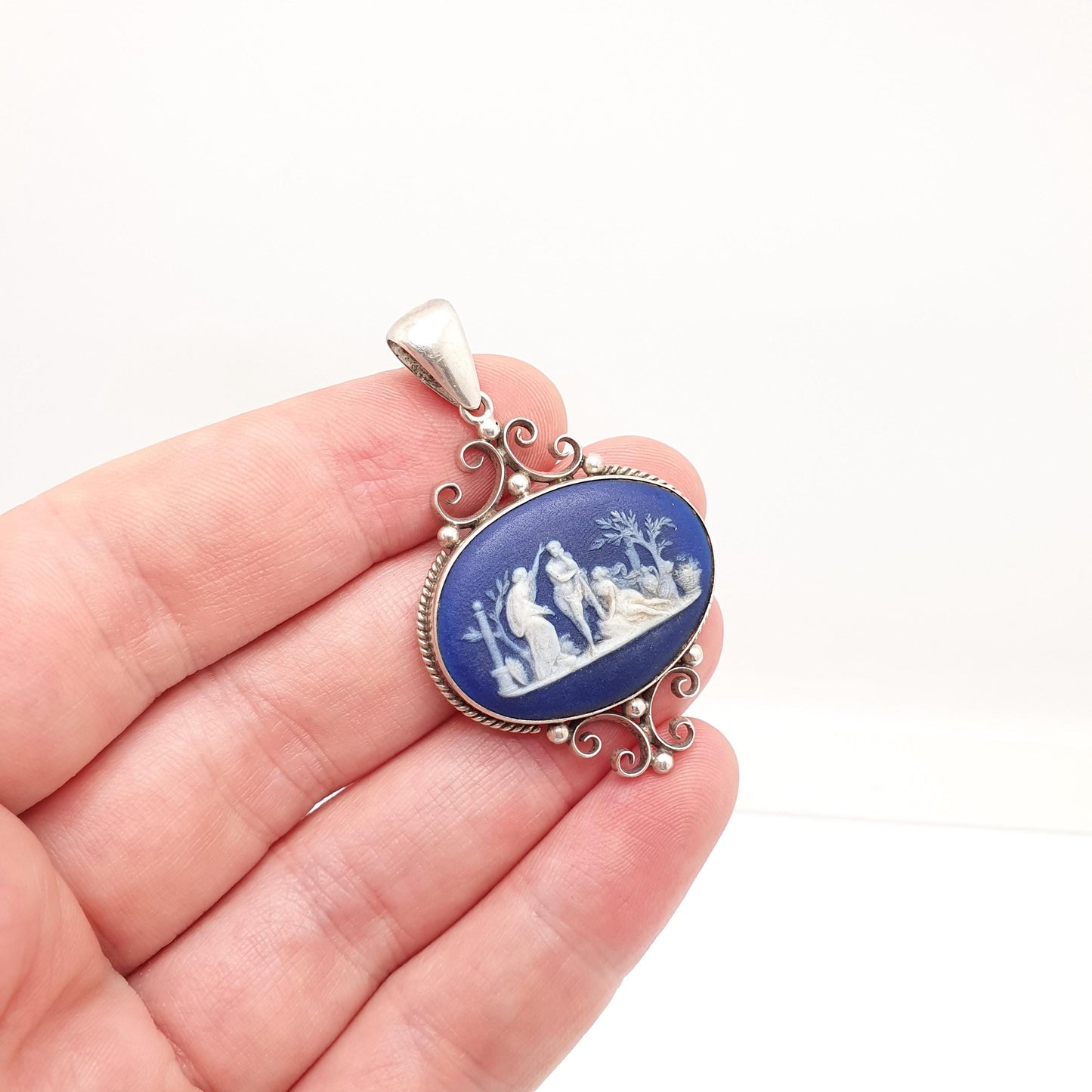 Antique Victorian Solid Silver Wedgwood Pendant Necklace 1900 Stamp Jasperware Royal Blue Genuine Jewelry Jewellery Vintage