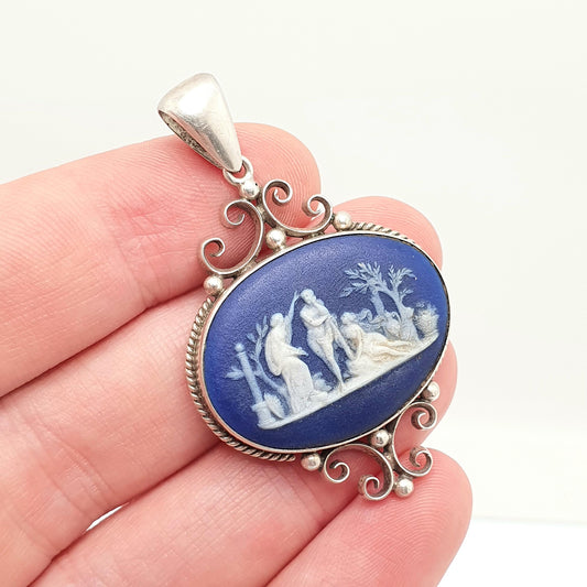 Antique Victorian Solid Silver Wedgwood Pendant Necklace 1900 Stamp Jasperware Royal Blue Genuine Jewelry Jewellery Vintage
