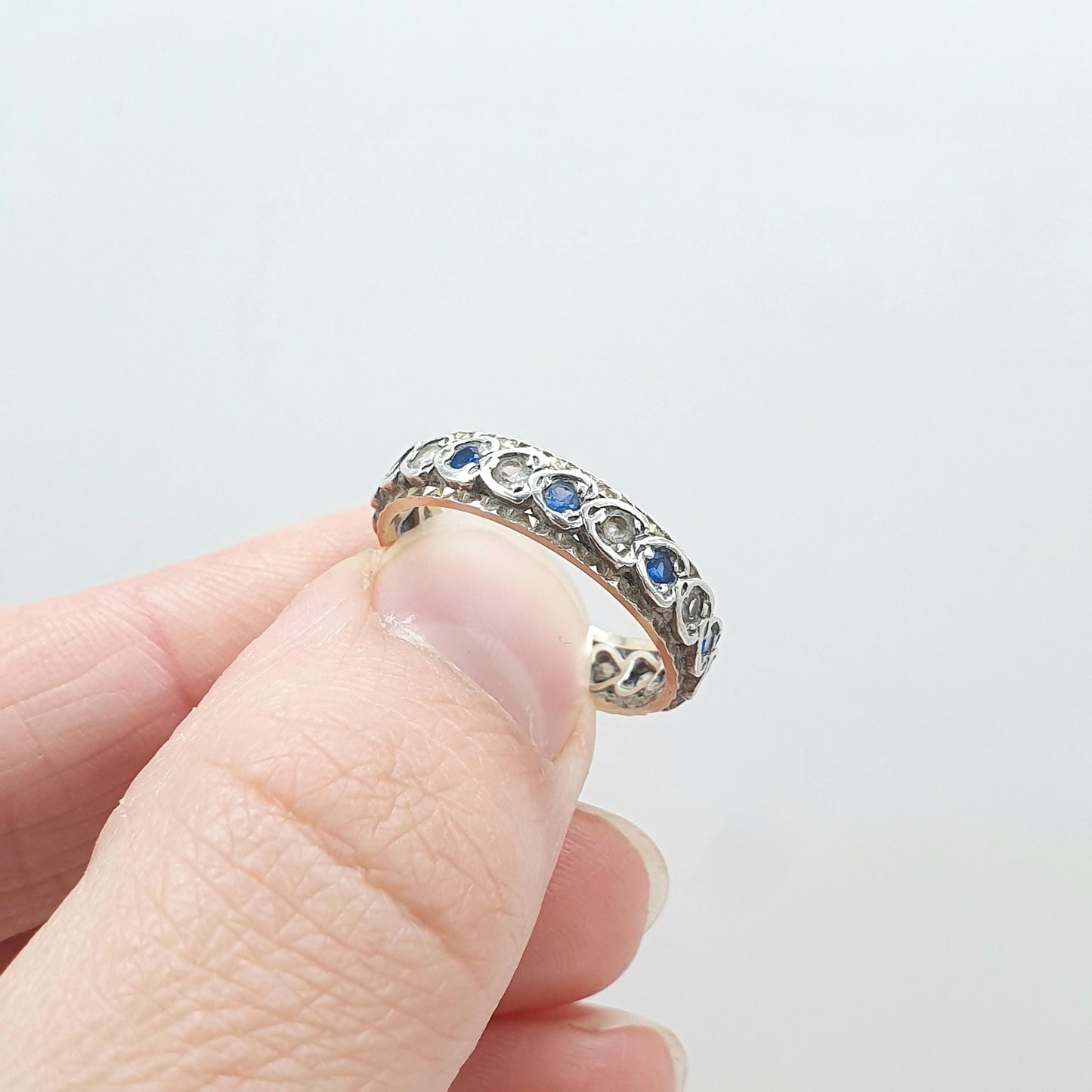 Antique Art Deco 9ct Gold & Solid Silver Blue and White Spinel Eternity Ring Heart Border Jewelry Jewellery