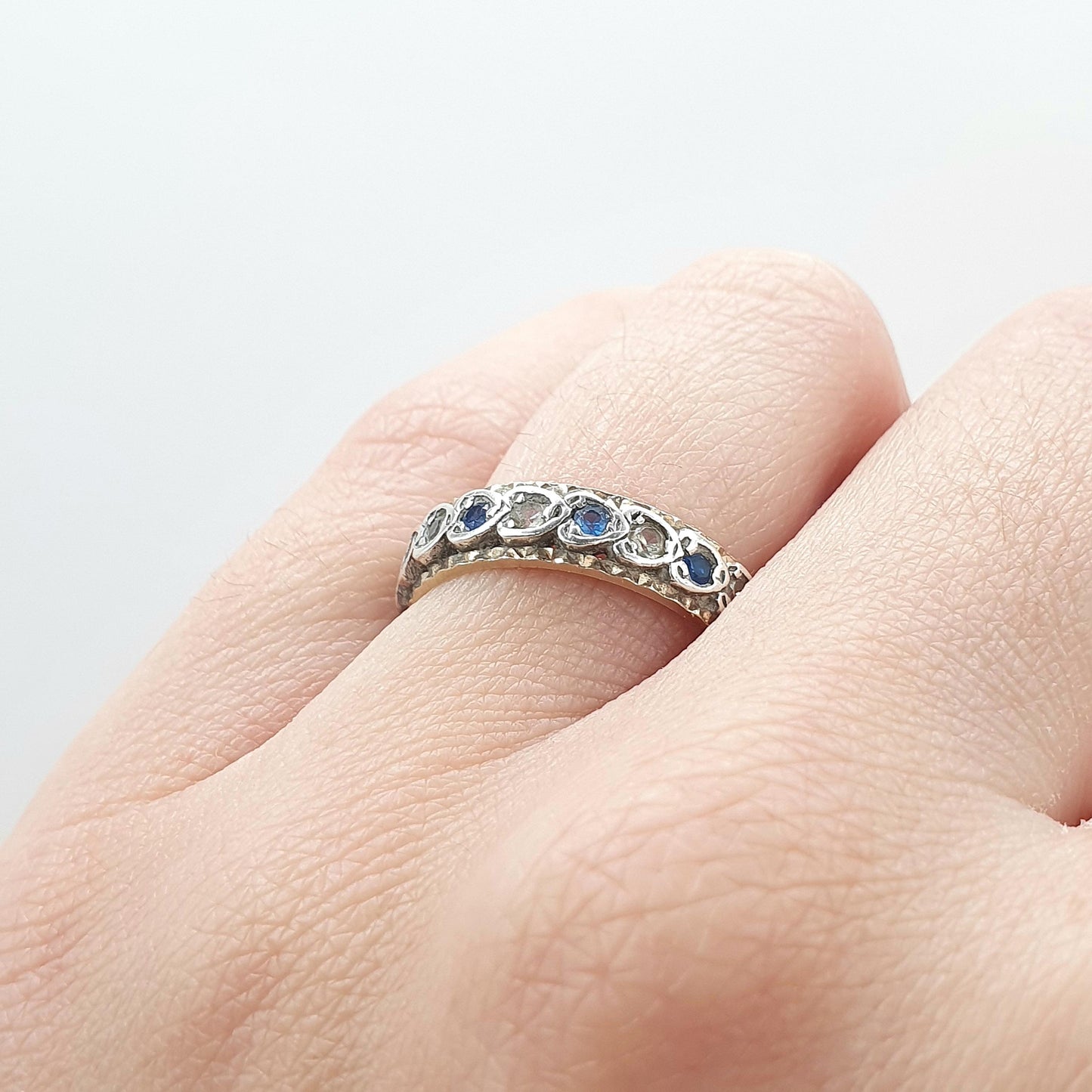 Antique Art Deco 9ct Gold & Solid Silver Blue and White Spinel Eternity Ring Heart Border Jewelry Jewellery