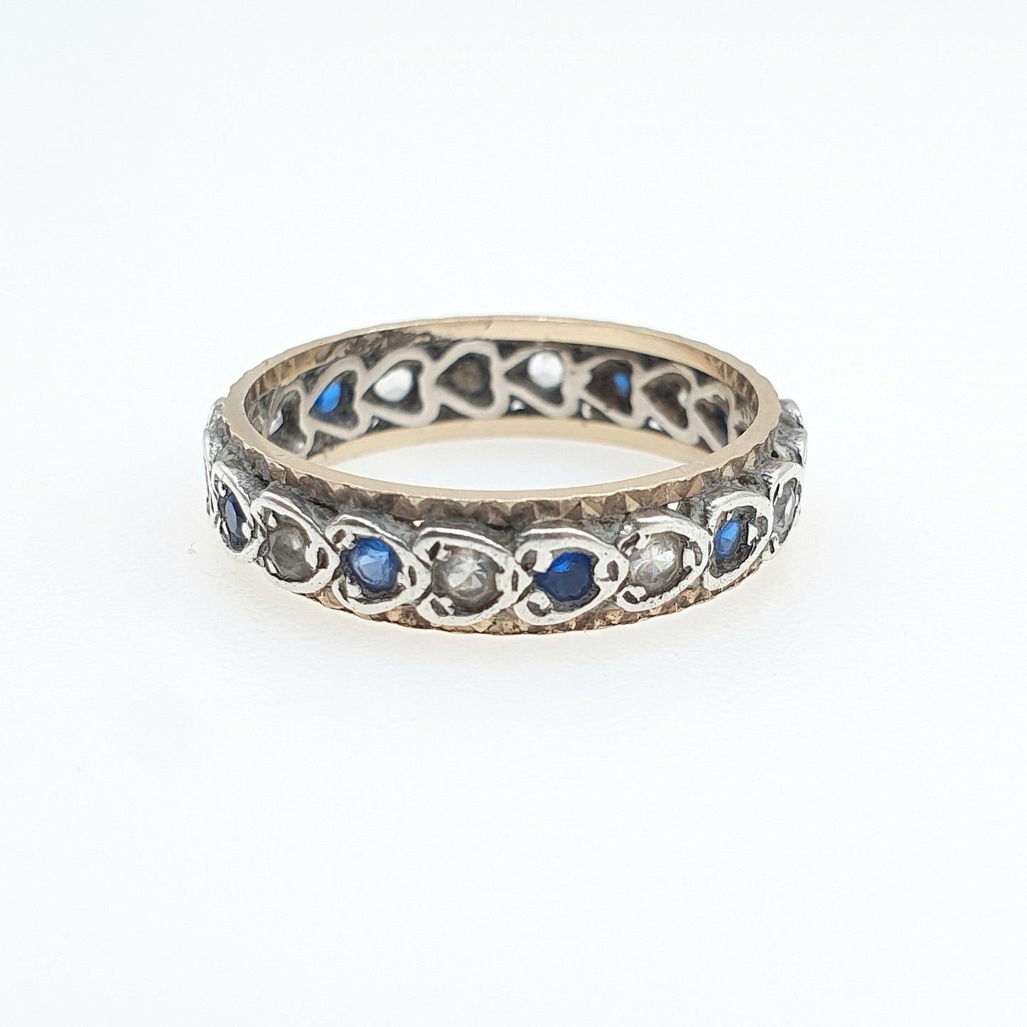 Antique Art Deco 9ct Gold & Solid Silver Blue and White Spinel Eternity Ring Heart Border Jewelry Jewellery