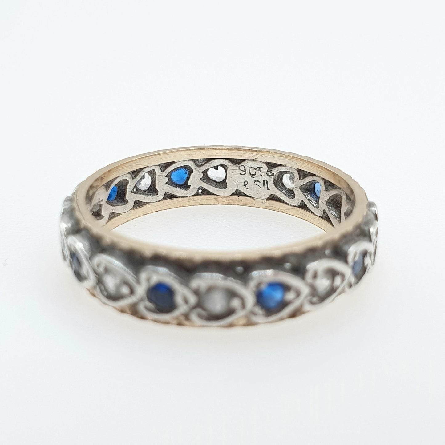 Antique Art Deco 9ct Gold & Solid Silver Blue and White Spinel Eternity Ring Heart Border Jewelry Jewellery