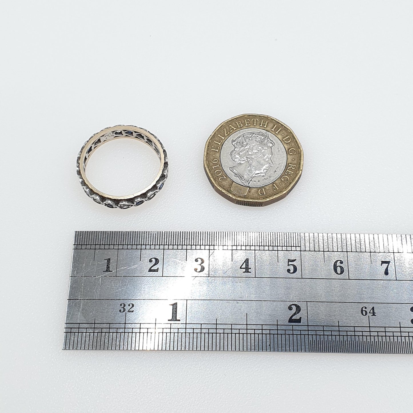 Antique Art Deco 9ct Gold & Solid Silver Blue and White Spinel Eternity Ring Heart Border Jewelry Jewellery