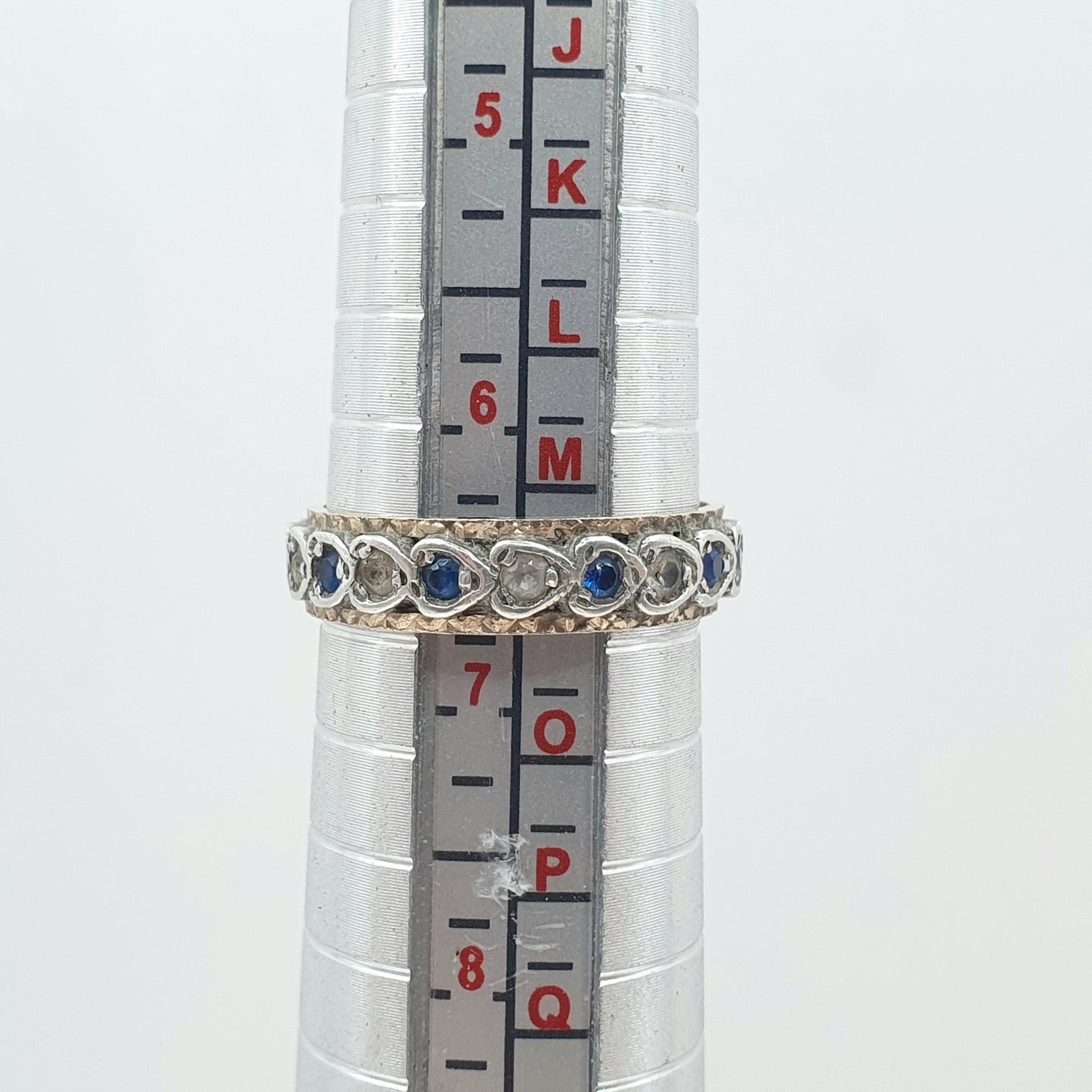 Antique Art Deco 9ct Gold & Solid Silver Blue and White Spinel Eternity Ring Heart Border Jewelry Jewellery