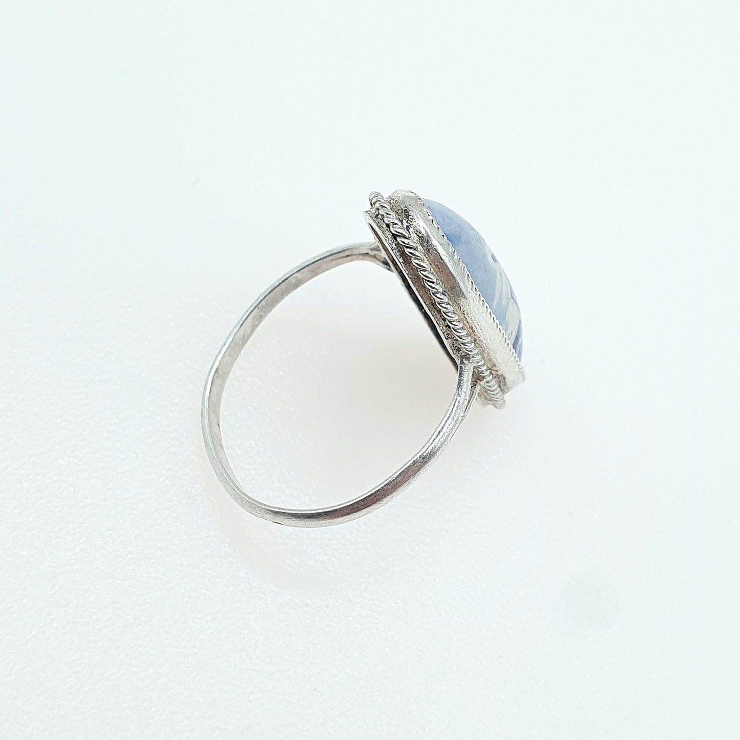 Vintage Solid Silver Dutch China Ring Signet Netherlands Windmill Blue Ceramic Womens Jewellery Jewelry