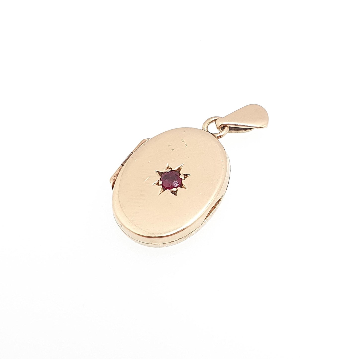 Vintage Solid 9ct 9k Gold Ruby Locket Small Oval All 9kt 9 Carat Star Centre Genuine Gemstone Necklace Photo Picture Pendant