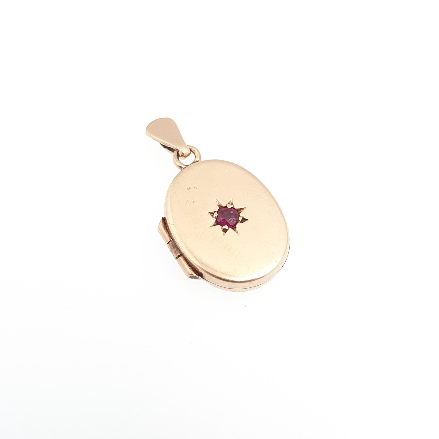 Vintage Solid 9ct 9k Gold Ruby Locket Small Oval All 9kt 9 Carat Star Centre Genuine Gemstone Necklace Photo Picture Pendant