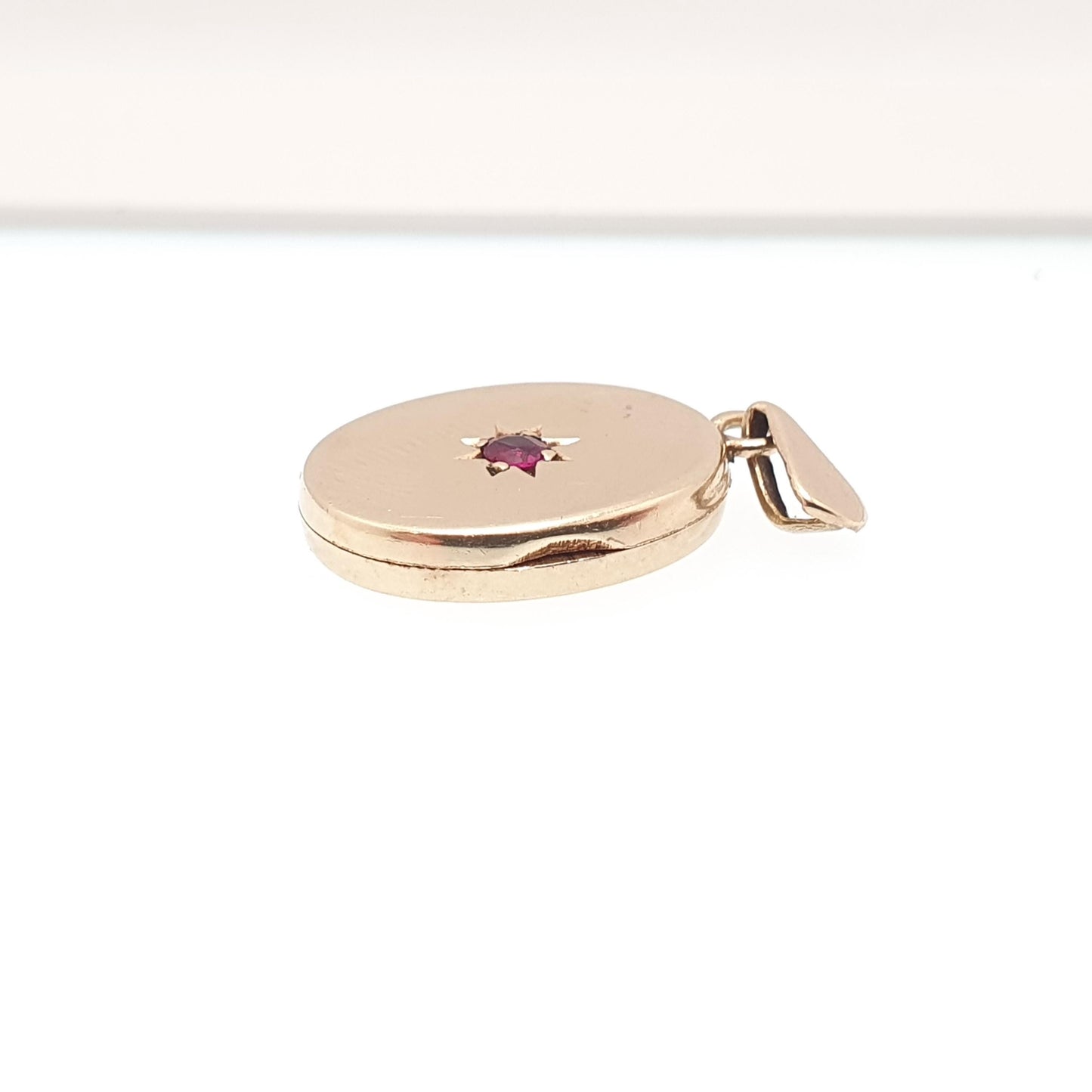 Vintage Solid 9ct 9k Gold Ruby Locket Small Oval All 9kt 9 Carat Star Centre Genuine Gemstone Necklace Photo Picture Pendant
