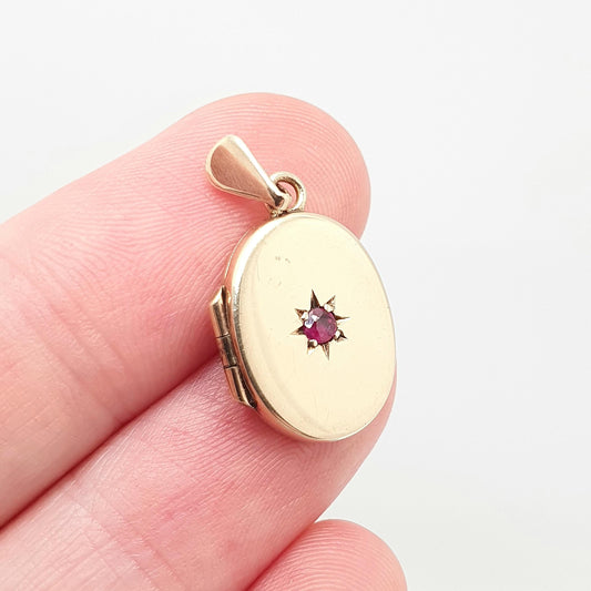 Vintage Solid 9ct 9k Gold Ruby Locket Small Oval All 9kt 9 Carat Star Centre Genuine Gemstone Necklace Photo Picture Pendant