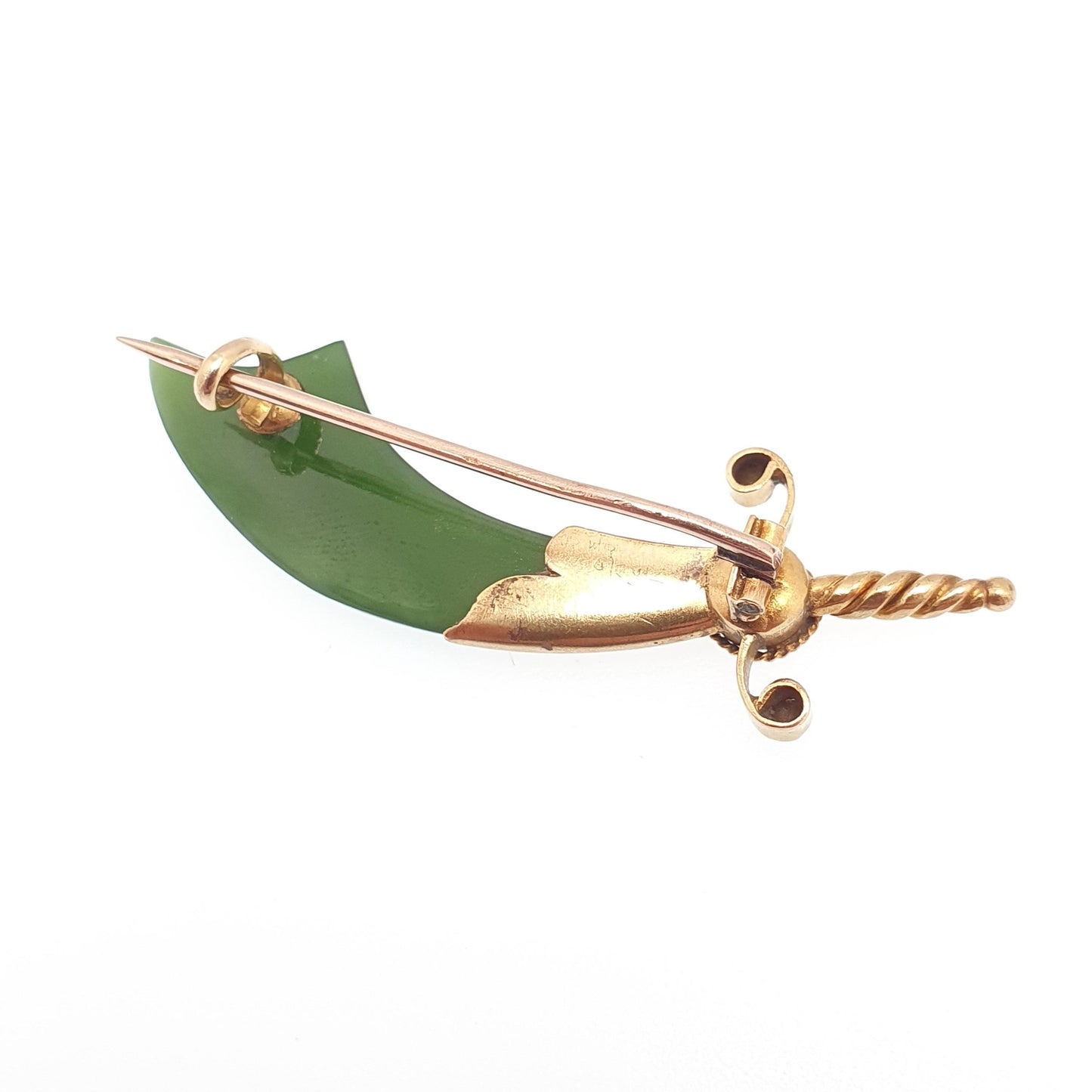 Antique 15ct Gold Scimitar New Zealand Jade Brooch Victorian Falchion Sword Solid 15 Carat 625 Nephrite Jadeite Jewellery Vintage Jewelry