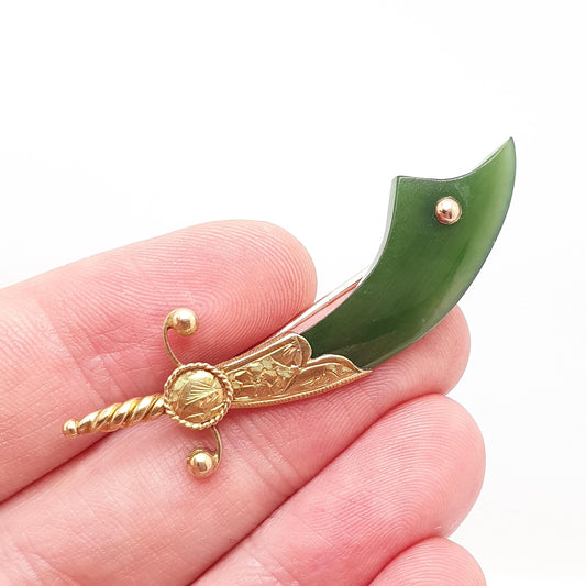 Antique 15ct Gold Scimitar New Zealand Jade Brooch Victorian Falchion Sword Solid 15 Carat 625 Nephrite Jadeite Jewellery Vintage Jewelry