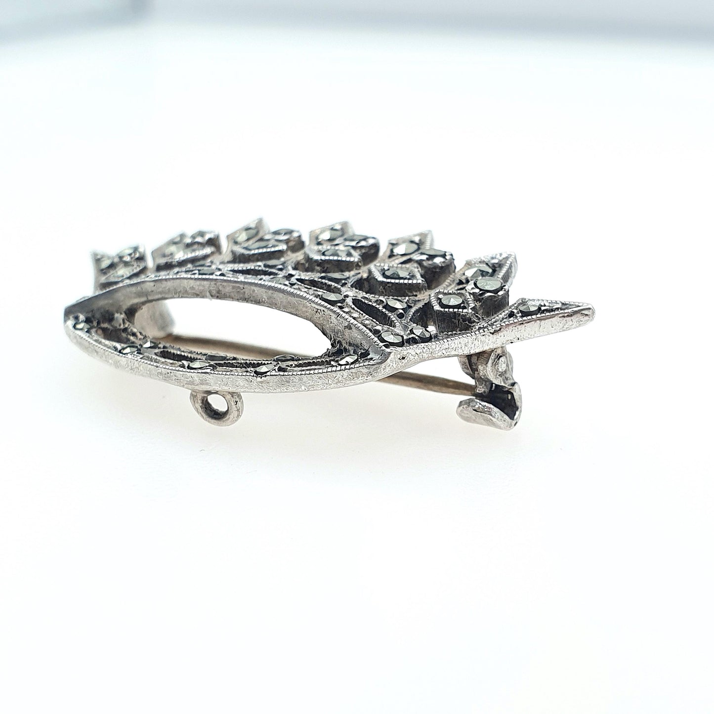 Antique Art Deco Sterling Silver Crown Brooch Marcasite Royal Royalty King Queen Mens Womens Jewelry Jewellery