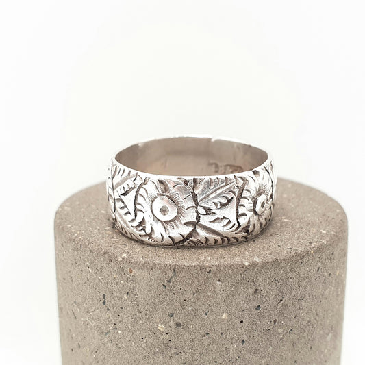 Antique Victorian Sterling Silver Band Ring 1892 Hallmarked Flower Deep Engraved Vintage 1800s Mens Womens Vintage Jewelry Jewellery