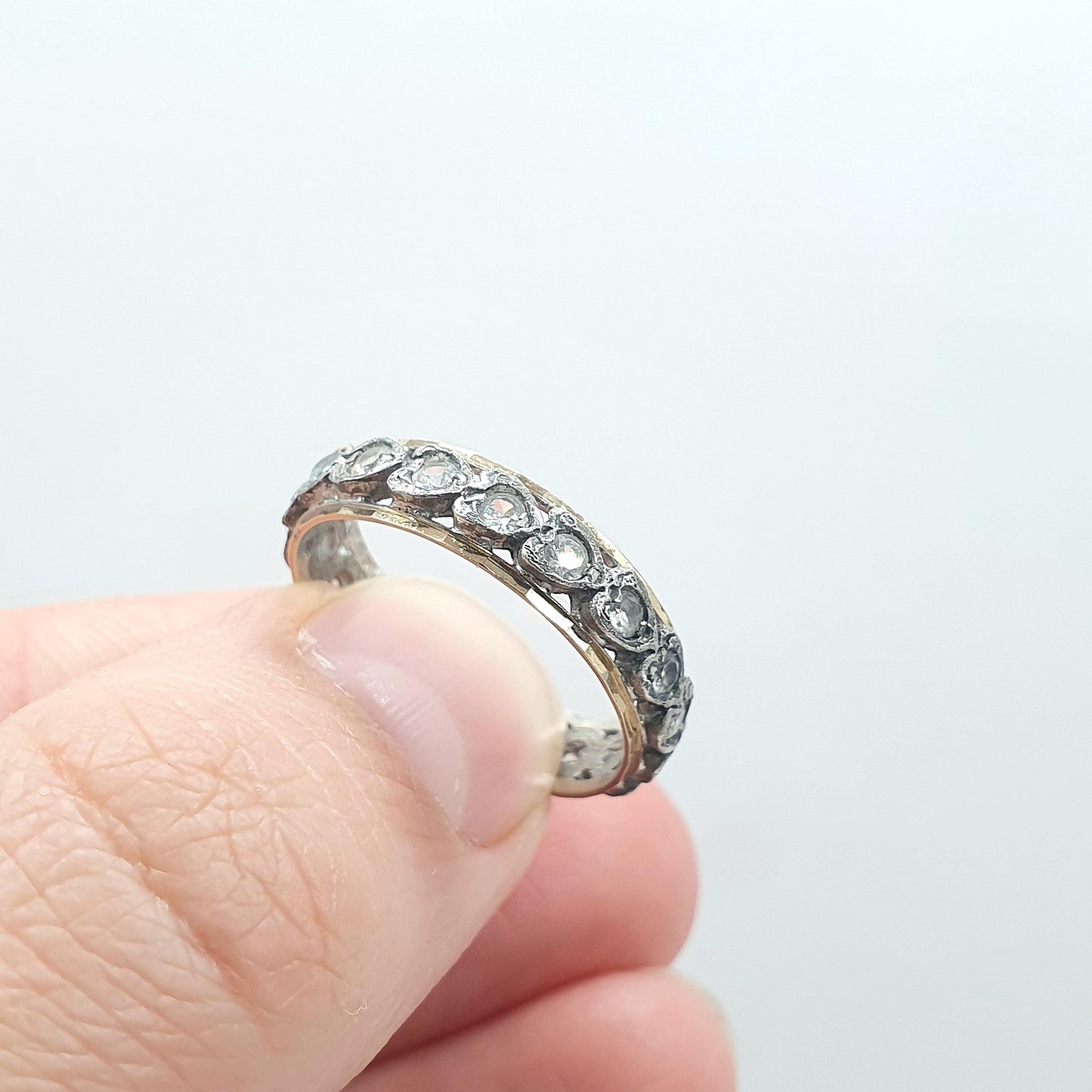 Antique Art Deco 9ct Gold & Solid Silver White Spinel Eternity Ring Heart Border Sparkly Womens Jewelry Jewellery UKO.5 US7.5