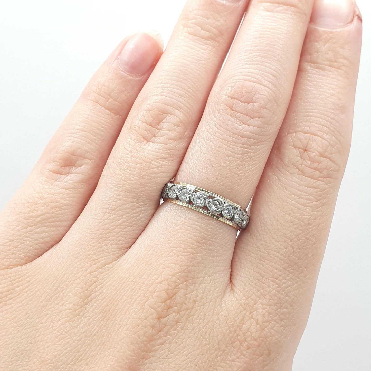 Antique Art Deco 9ct Gold & Solid Silver White Spinel Eternity Ring Heart Border Sparkly Womens Jewelry Jewellery UKO.5 US7.5